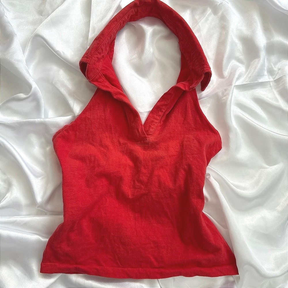 Reference Point Womens Red Halter Top Collared V-Neck Y2K Sleeveless Shirt